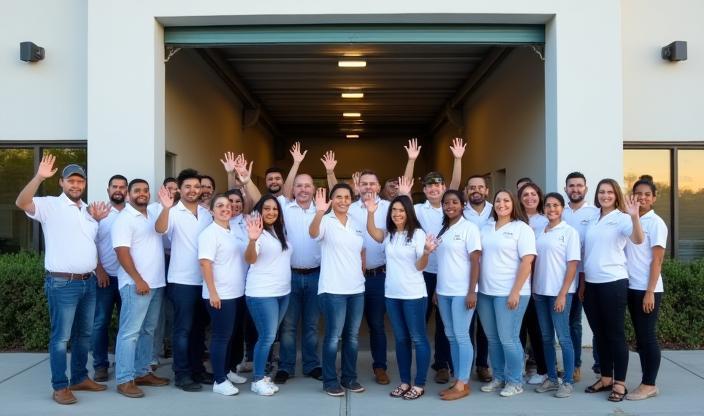Shudh Car Care staff and community members in front of the service center, waving