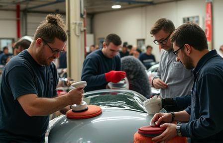 Workshop day with instructors and community members learning to polish cars