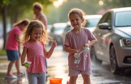 Family and kids cleaning cars joyfully during a community event