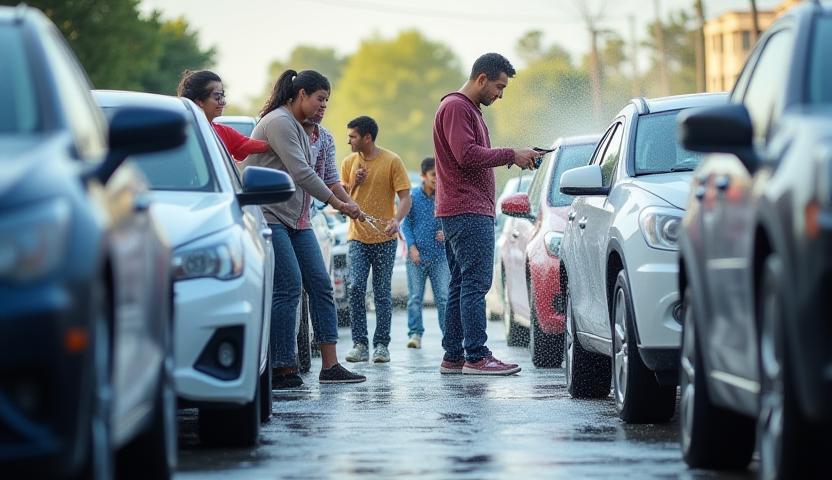 Community car wash event at Shudh Car Care—families and staff cleaning vehicles together