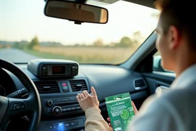 Car interior with air purifier and technician holding eco-friendly products